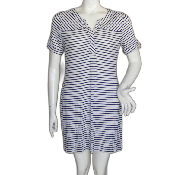 CHICO'S Mini Dress, 0/S, White, Navy Stripes, Short sleeve, Split neck, Jersey - Picture 1 of 12